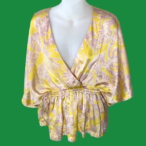 Impressions Silky Deep V Neck Floral Print Blouse